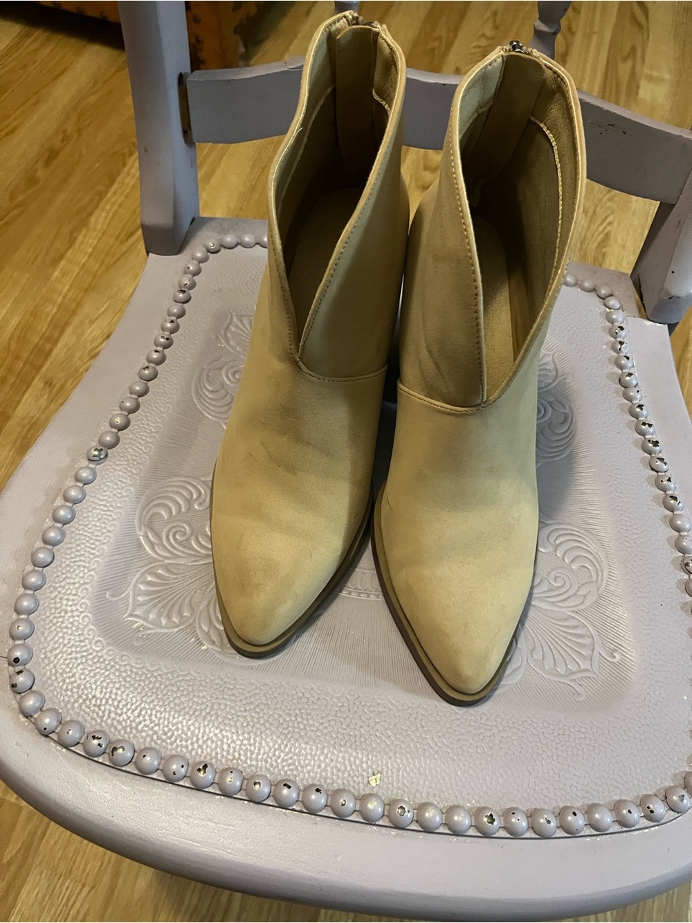 Pointed Toe Ankle Booties in Light Beige